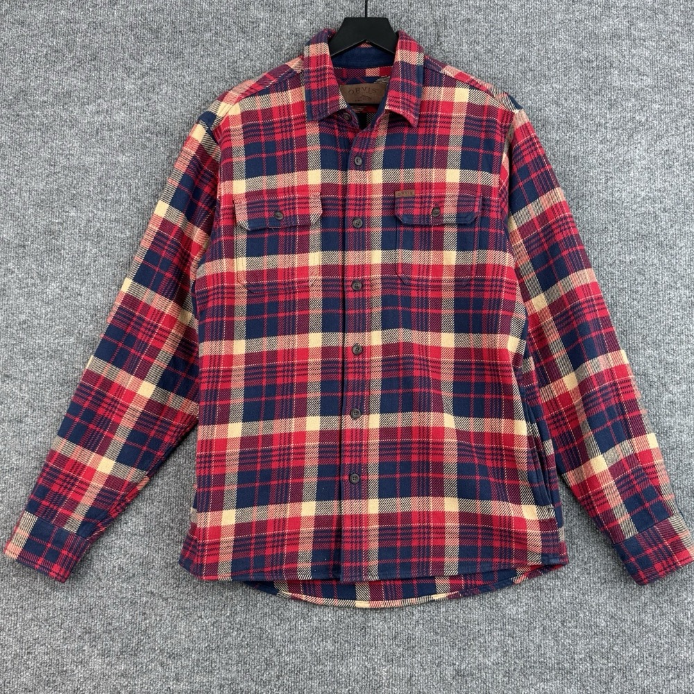 Orvis Thick Flannel Button-Up Shirt Shacket Men's M Red Navy Plaid Long Sleeve